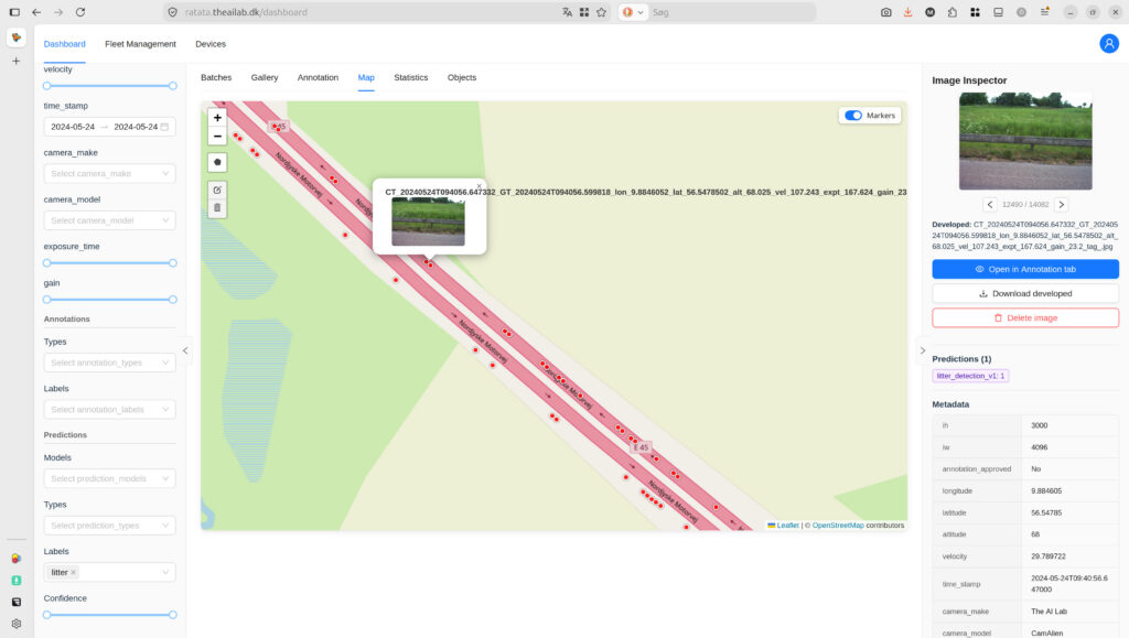 RATATA web-interface showing markers where images contain litter