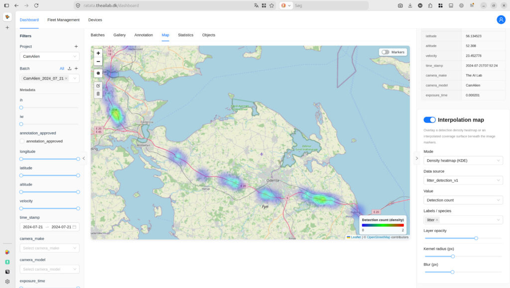 RATATA web-interface map with density of detected litter along a road
