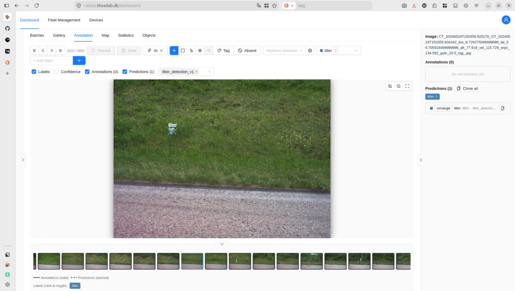 RATATA web-interface showing a single image with a bounding box highlighting litter